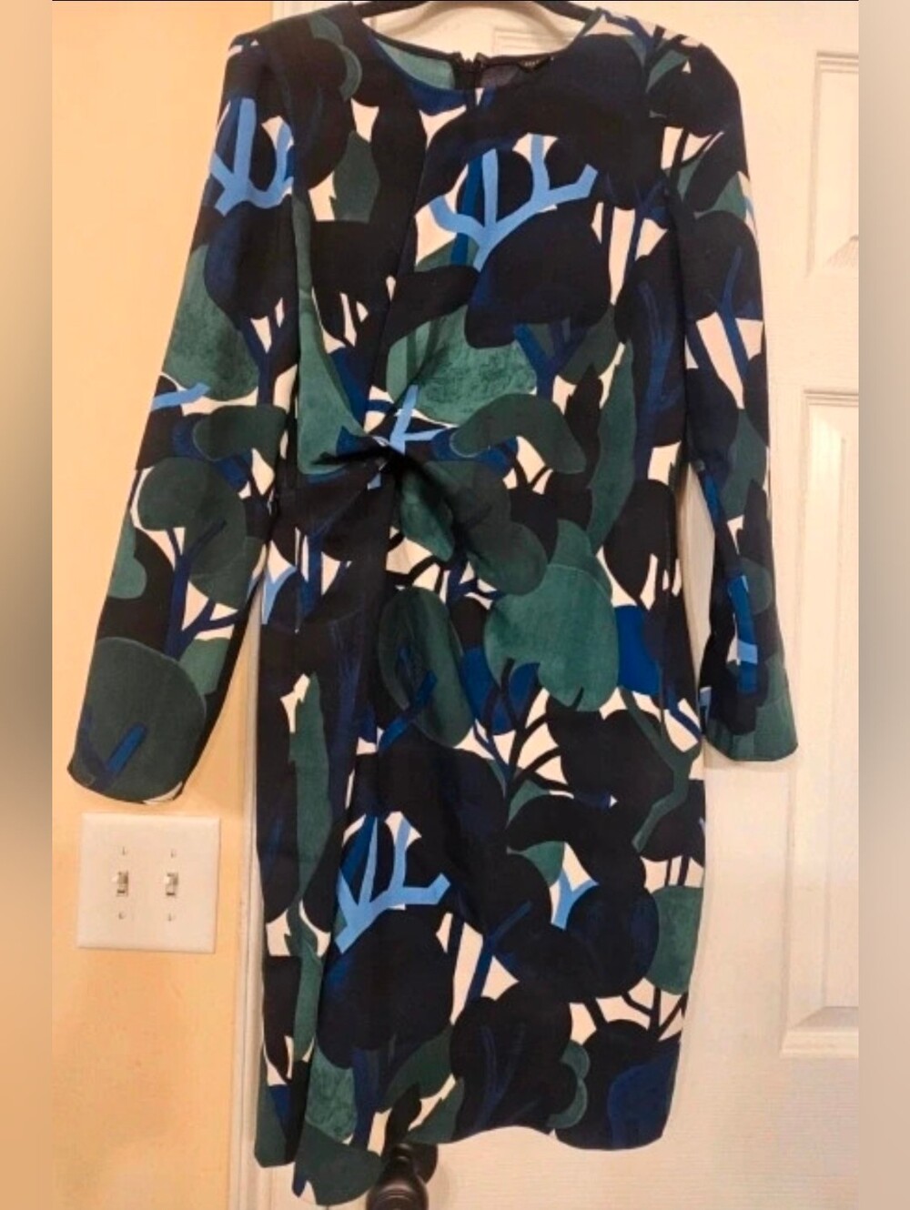 Ann Taylor Blue, Green & Navy Floral Twist-Waist Long Sleeve Dress